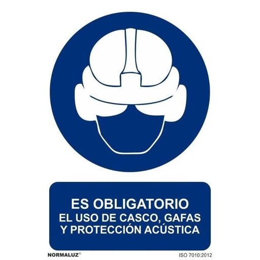 [00120352] RD20013 NORMALUZ - SEÑAL OBLIG CASCO GAFAS Y PROTECTOR ACUSTICO PVC 0,7mm 210X300mm