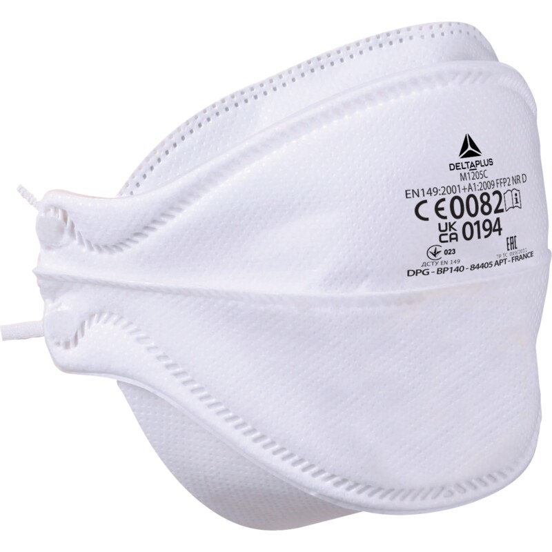 M1205 DELTA PLUS - Caja de 20 mascarillas filtrantes FFP2 de fibra sintética no tejida. Mascarilla plegable de 4 pestañas para todo tipo de caras. Puente nasal ajustable con refuerzo de espuma en los bordes